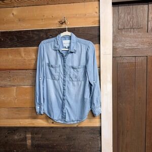 Lola River Blue Tencel Lyocell Chambray Long Sleeve Roll Tab Button Top Womens S